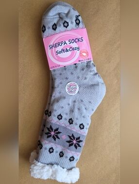 Sherpa Socks Soft & Cozy Grey Fair Isle Boot Socks - Pink & Black Accents